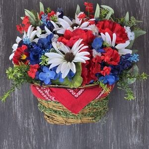 Handmade Patriotic Floral Basket Door Hanger Wreath 4th Of July Summer Wreath